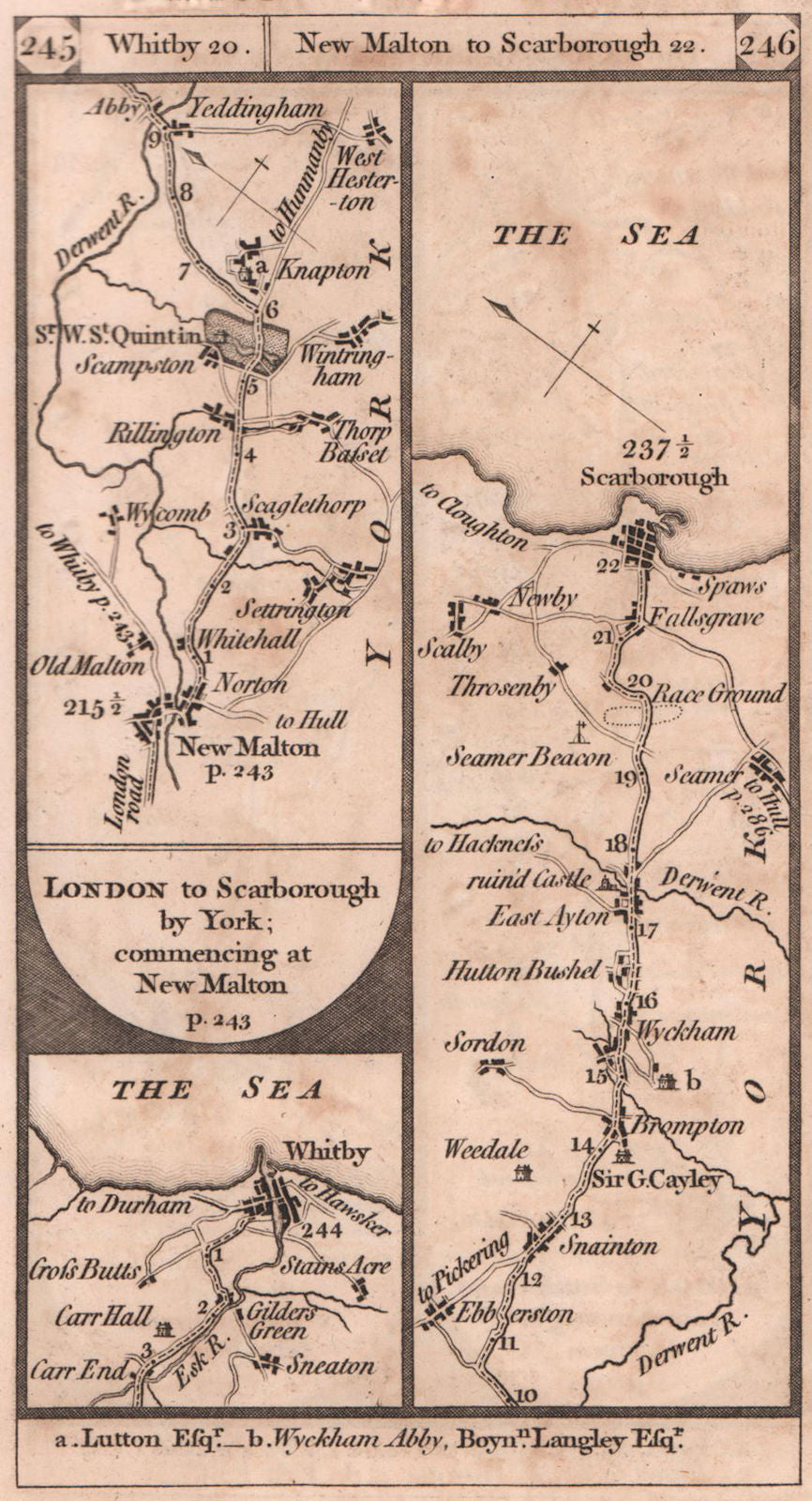 Whitby. New Malton-Wykeham-Scarborough road strip map PATERSON 1803 old